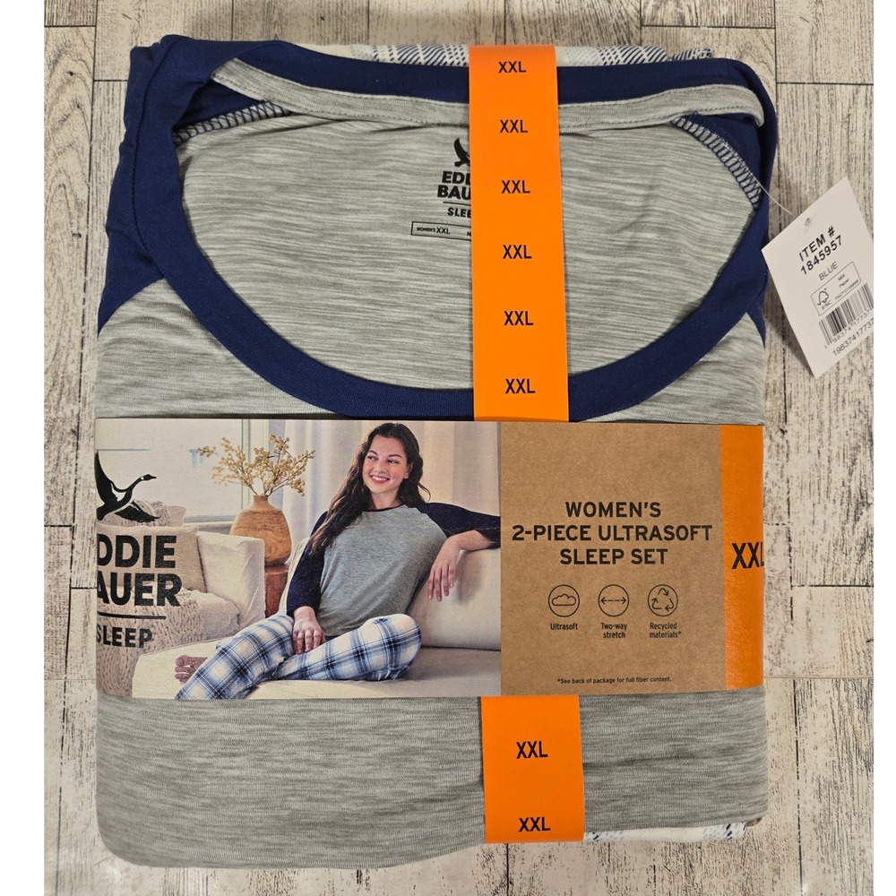 Eddie Bauer Womens Ultrasoft 2-Piece Sleep Set Blue Plaid XXL 1845957